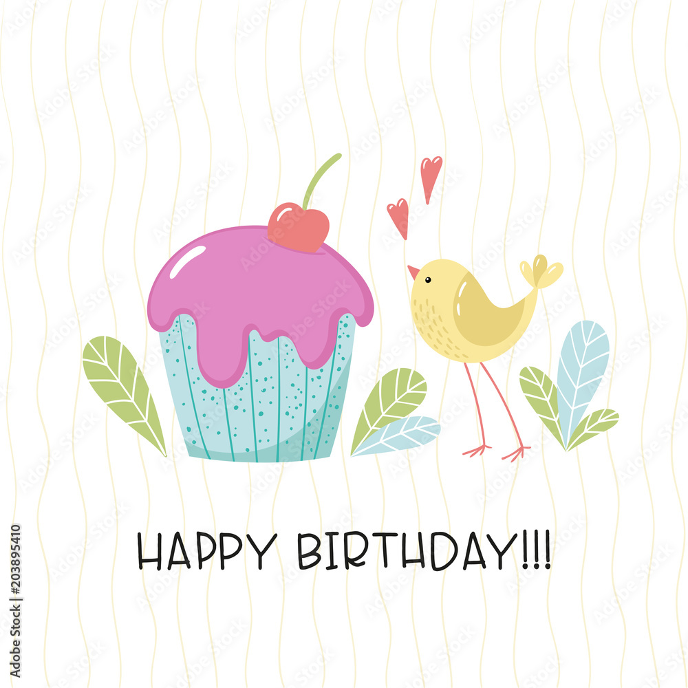 Fototapeta premium Cute cartoon bird and cupcake with cream and cherry.