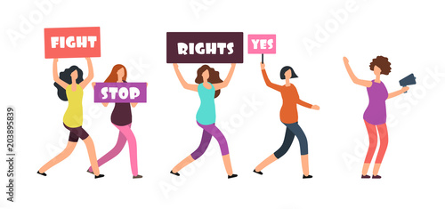 Women protesters walking on manifestation. Feminism  womens rights and protest vector concept