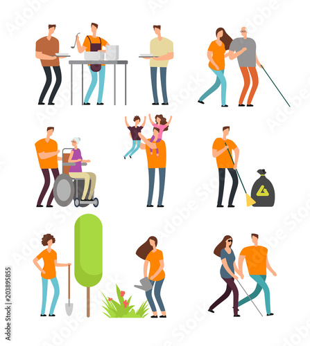 Volunteers help people and clean environment. Cartoon characters for donation, charity and volunteering vector concept