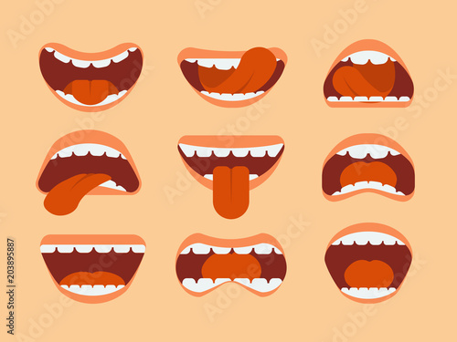 Expressive cartoon human mouth with tongue and teeth. Vector set for making character faces
