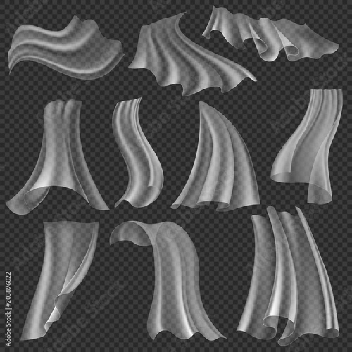 Realistic billowing white cloth isolated. Soft fluttering light material vector set