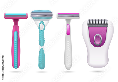 Realistic female shaving razor. Woman hygiene shavers vector set isolated