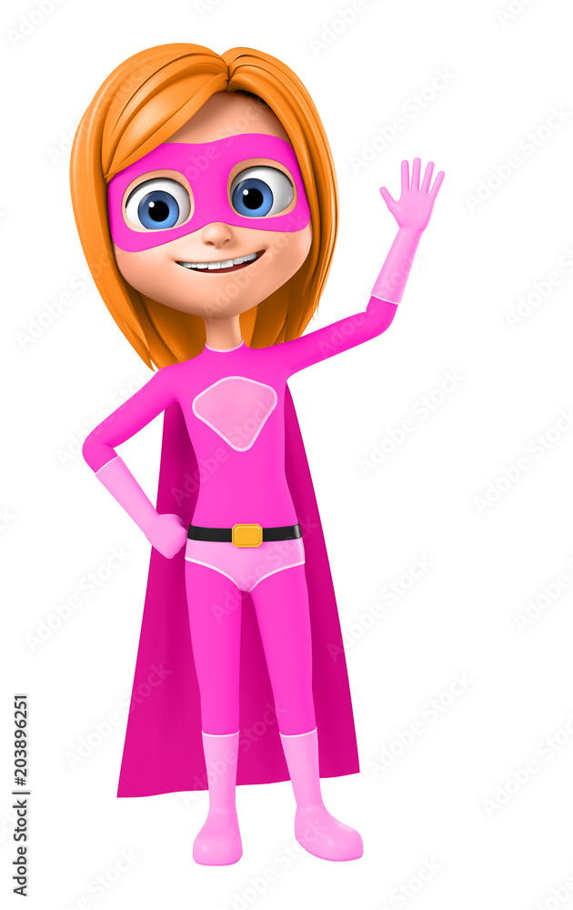 3d rendering. Girl in a pink suit super hero holding up a sign of greeting.
