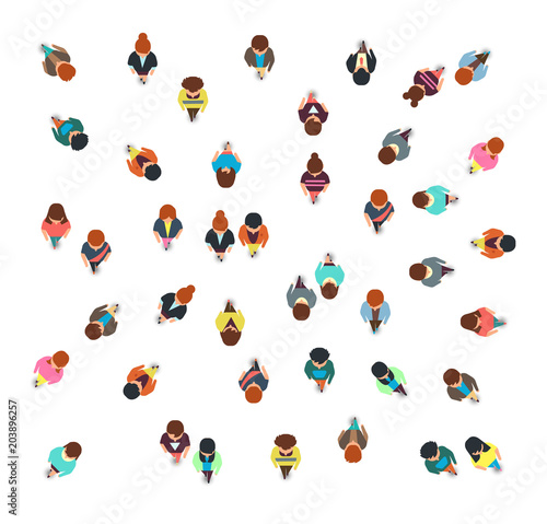 Gathering people group top view, walking men and women, social crowd vector illustration isolated
