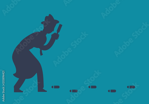 Mysterious investigator detective is following footprints vector illustration