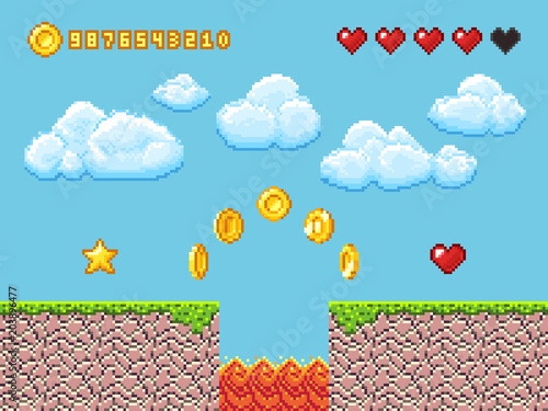 Video pixel game landscape with gold coins, white clouds and red hearts vector illustration