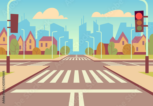Cartoon city crossroads with traffic lights, sidewalk, crosswalk and urban landscape. Empty roads for car traffic vector illustration