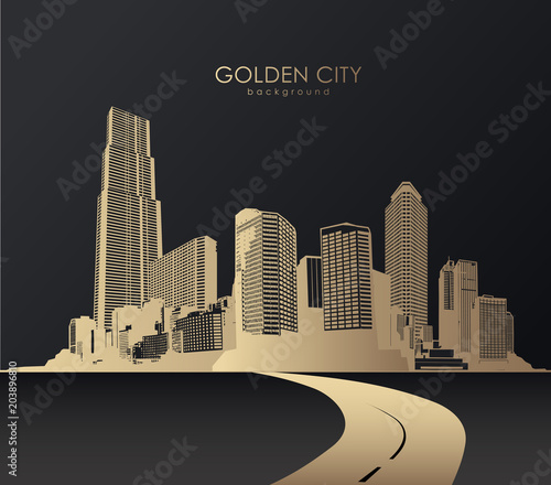 Golden cityscape with skyscrapers.