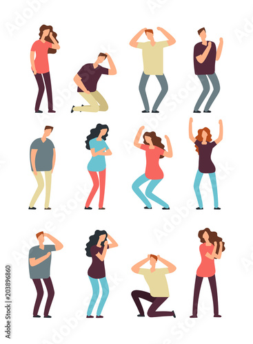 Unhappy frustrated people. Helpless, depressed man and woman. Sad and bad feeling male and female cartoon characters isolated
