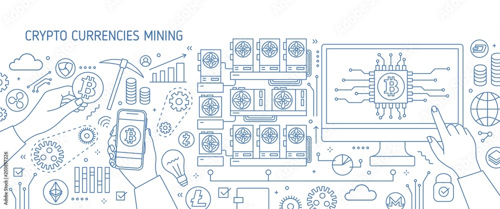 Horizontal banner with computer monitor, hand holding smartphone, bitcoin symbols. Cryptocurrency or digital currency mining farm, hardware or equipment. Vector illustration in line art style.