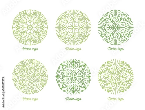 Collection of curved circular oriental ornaments drawn with green contour lines on white background. Bundle of round arabic floral decorative motifs. Ornamental vector illustration in lineart style.