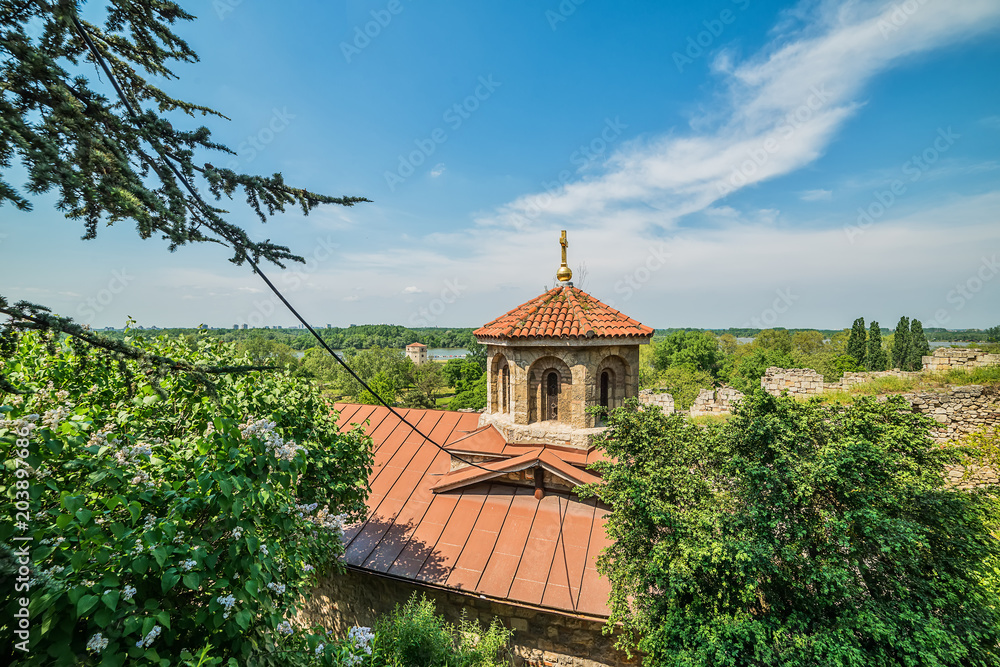 Naklejka premium Belgrade, Serbia April 24, 2018: Entrance of Saint Petka's Chapel located in Belgrade Fortress or Beogradska Tvrdjava consists of the old citadel and Kalemegdan Park along River Sava and Danube.