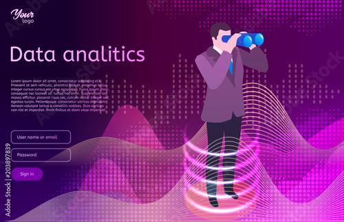 Big data analitics isometric design concept. Man in suit use binocular spyglasses. Business analitics and digital marketing. Vector illustration