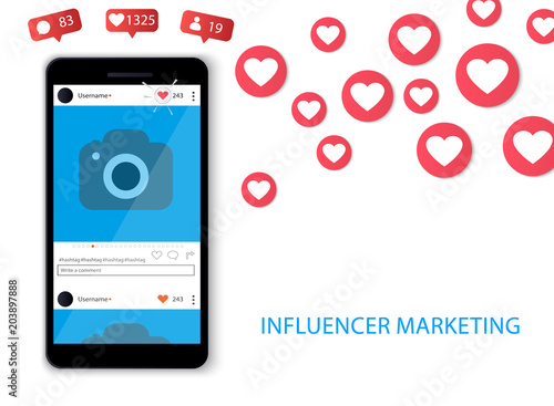Influencer marketing concept with hand holding smartphone and like and hearts Illustration.
