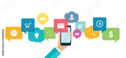 social network connection for online business background concept and  business hand hold mobile
