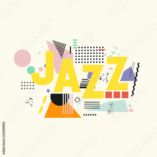 Jazz music typographic colorful background vector illustration. Geometric music festival poster, creative jazz banner design. Word jazz