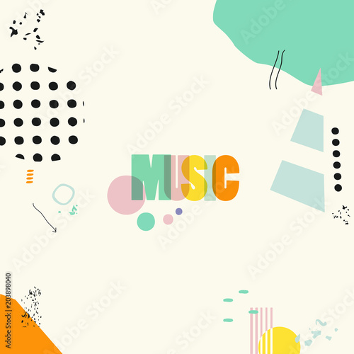 Music typographic colorful background vector illustration. Artistic music festival poster, creative banner design. Word music