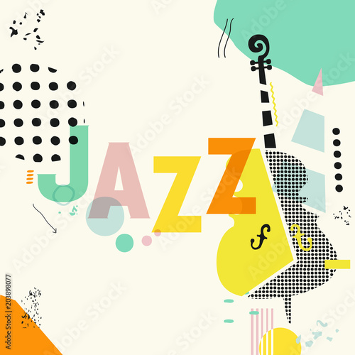 Music colorful background with violoncello vector illustration. Geometric music festival poster, creative cello design with word jazz. Typographic banner