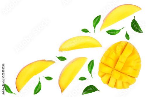 Mango fruit and slices decorated with leaves isolated on white background with copy space for your text. Top view