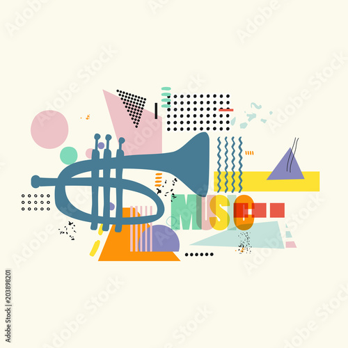 Music colorful background with trumpet vector illustration. Geometric music festival poster, creative trumpet design with word music. Typographic banner