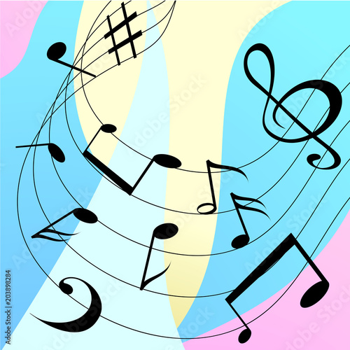 Colorful musical background with black notes.