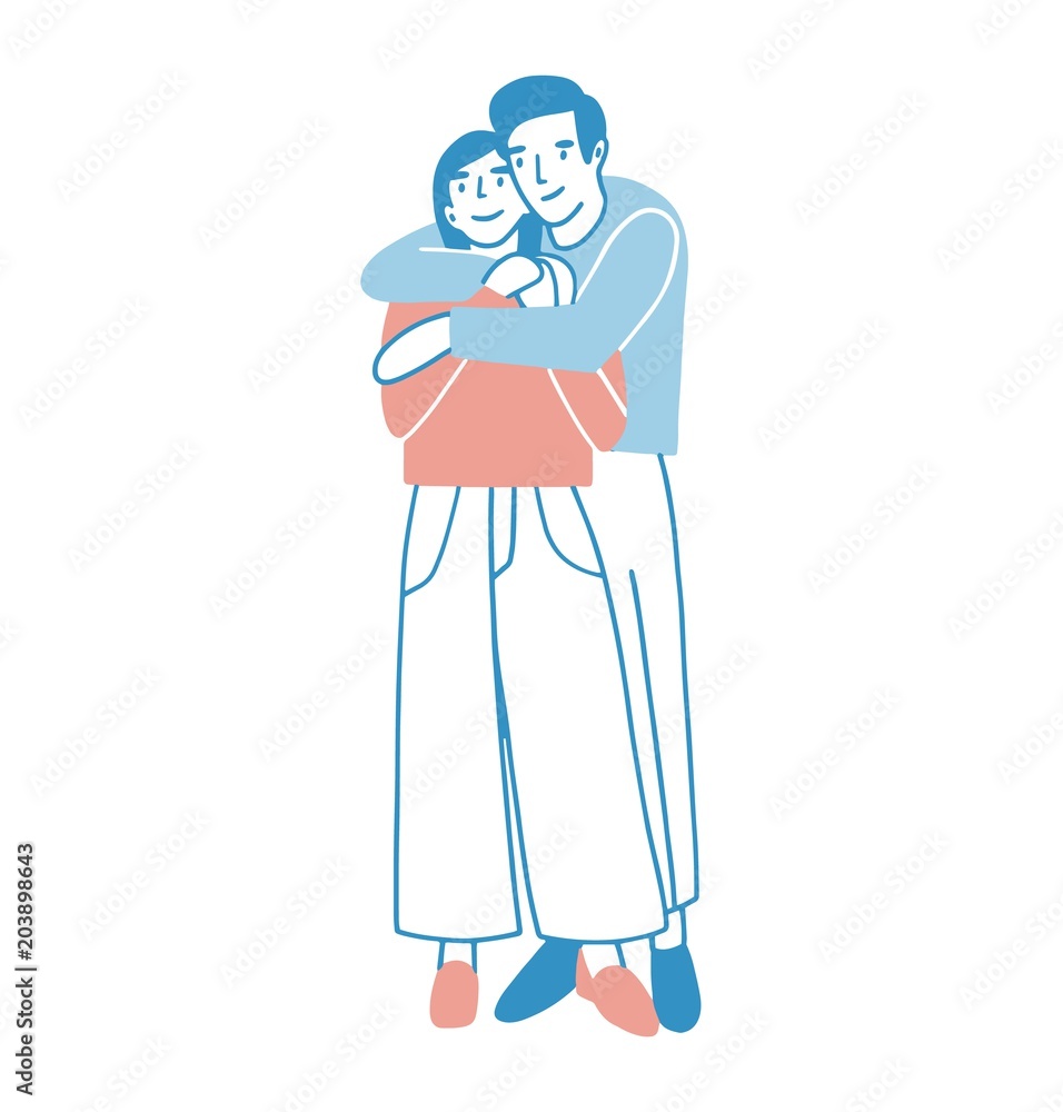 Young man and woman warmly hugging or cuddling. Boy standing behind girl  and embracing her. Cute male and female cartoon characters in love.  Romantic couple on date. Colored vector illustration. Stock Vector |