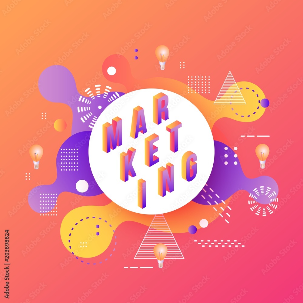 Trendy marketing poster, banner background template with orange red color abstract geometric shapes- circles and triangles and light bulbs icon. Vector modern advertising illustration Trendy marketing poster, banner background template with orange red color abstract geometric shapes- circles and triangles and light bulbs icon. Vector modern advertising illustration