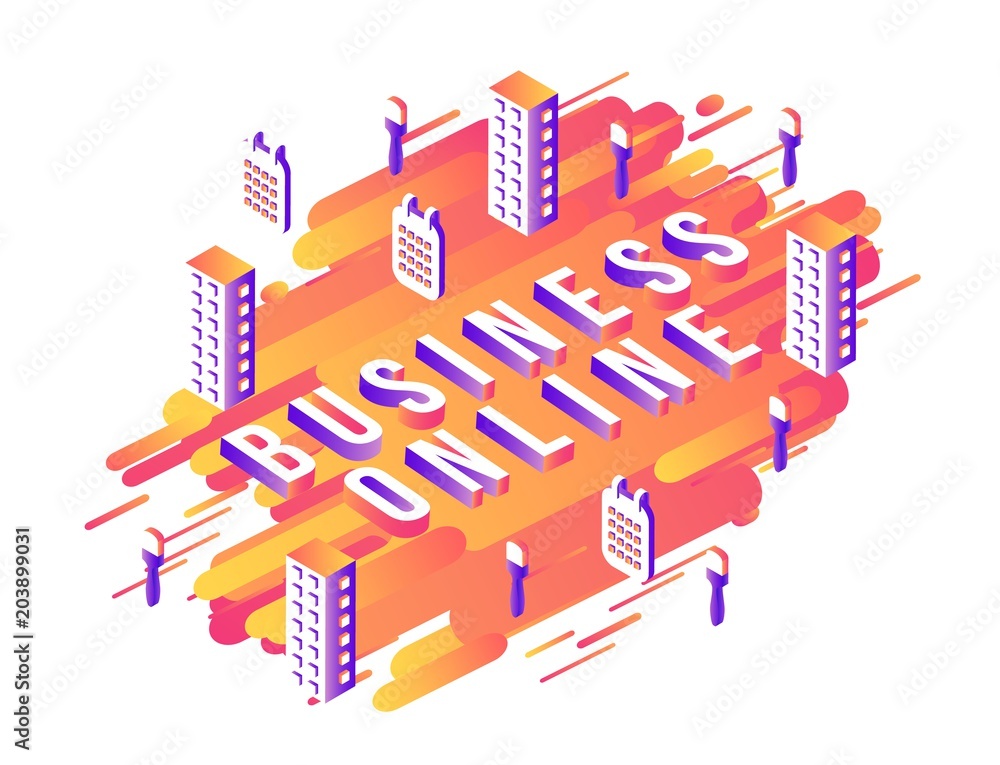 Business online isometric text design with letters and business elements on modern abstract gradient background with geometric shapes and stripes, isolated vector illustration.