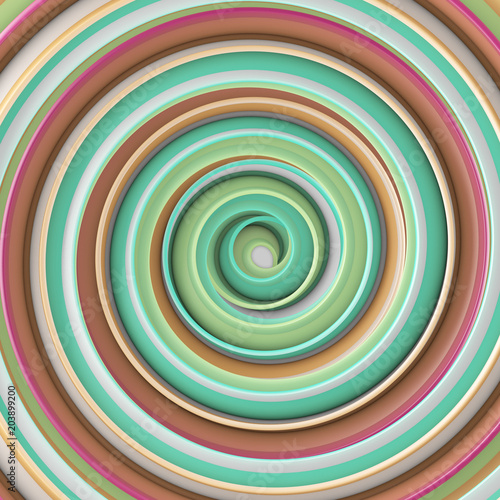 Multicolor gradient twisted spiral hypnotic shape abstract 3D render