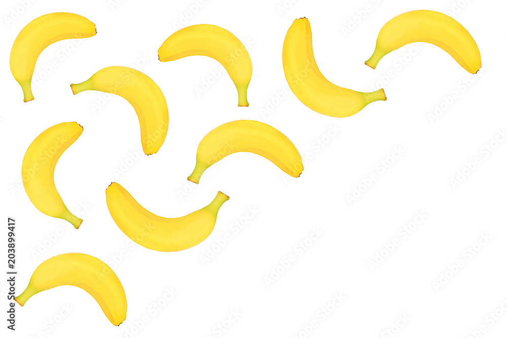 whole bananas isolated on white background with copy space for your text. Top view. Flat lay