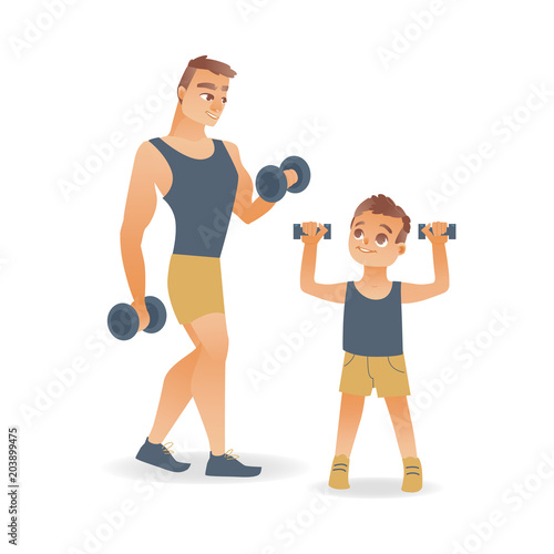 Cartoon young slim man in athletic clothing and boy kid in shorts doing dumbbells workout exercises. Active lifestyle male characters doing sport. Isolated vector illustration