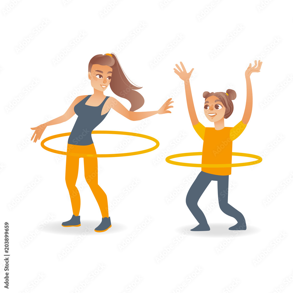 Cartoon young blonde girl kid and adult woman doing hula hoop rotating workout exercises. Active lifestyle female character doing sport. Isolated vector white background illustration