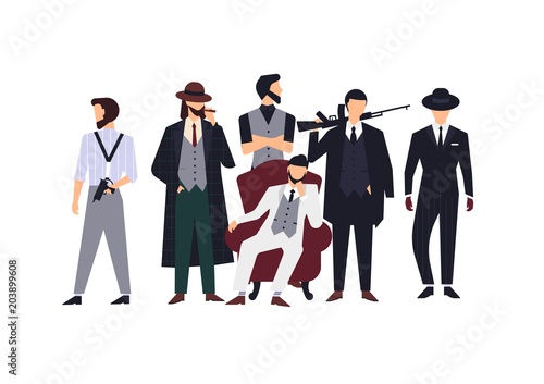 Group of mafia members or mafiosi dressed in elegant retro clothes or formal suits and holding fire guns. Flat male cartoon characters isolated on white background. Colorful vector illustration.
