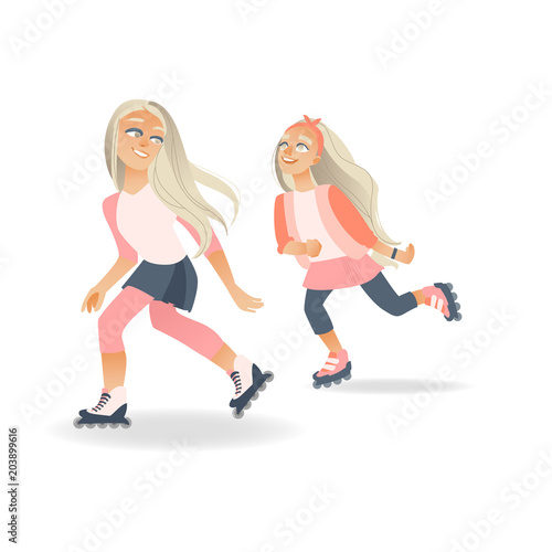 Cartoon girl teen kid, child and adult woman roller skating in protective equipment, helmet. Active lifestyle female character, having fun doing sport. Isolated illustration vector white background.