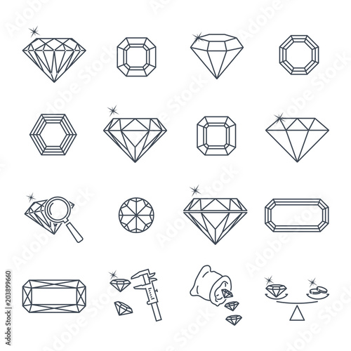 set of thin line icons gemstone, jewelry, diamond