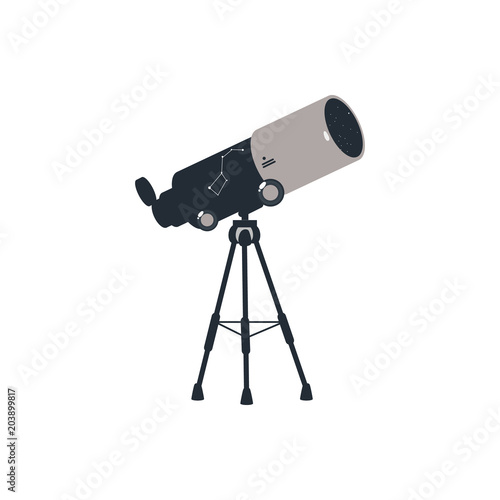 Blue telescope on tripod icon. Astronomy space discovery optical tool with magnification glass lens. Cosmos objects -planet, stars galaxy observation and search instrument. Vector flat illustration