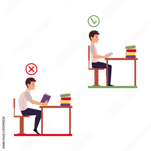 Man reading in incorrect sitting position - table too far, shoulders rolled forward, back hunched, cartoon vector illustration isolated on white background. Incorrect sitting position infographics
