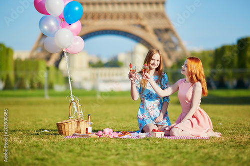 Two young women having picnic near the Eiffel tower in Paris, France photo