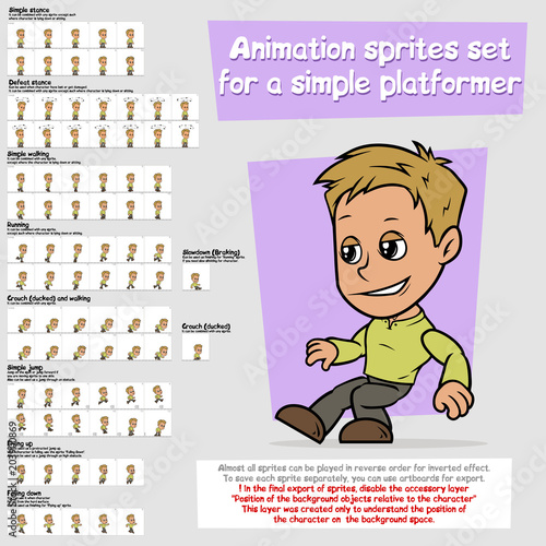Cartoon boy platformer animation sprites sheet set