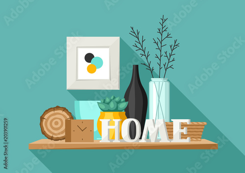 Shelf with home decor. Vase, picture and plant.