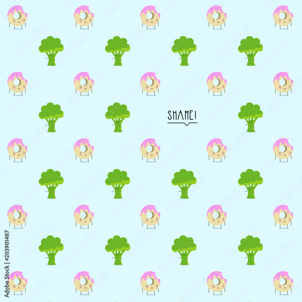 Pattern based on a kawaii illustration of a judicious broccoli accusing an ashamed but delicious pink glazed doughnut of having guilty pleasures. Shame on everyone of us who fancy some sugary treat so Pattern based on a kawaii illustration of a judicious broccoli accusing an ashamed but delicious pink glazed doughnut of having guilty pleasures. Shame on everyone of us who fancy some sugary treat so