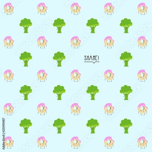 Pattern based on a kawaii illustration of a judicious broccoli accusing an ashamed but delicious pink glazed doughnut of having guilty pleasures. Shame on everyone of us who fancy some sugary treat so