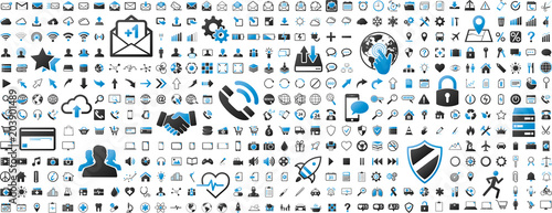 Black and blue web business technology icons set