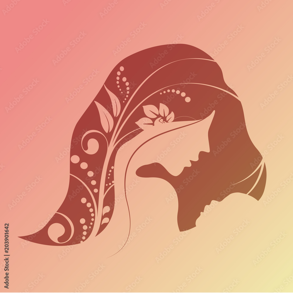 Vector Happy Mother's Day. Greeting card with woman silhouette and baby silhouette. Floral background.