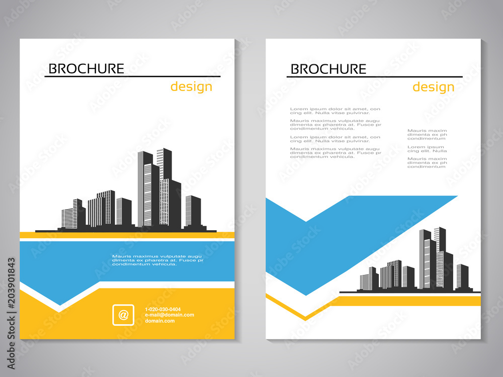 Vector modern brochure, abstract flyer with background of buildings. City scene. Layout template. For A4 size. Poster of blue, yellow and white color. Magazine cover.