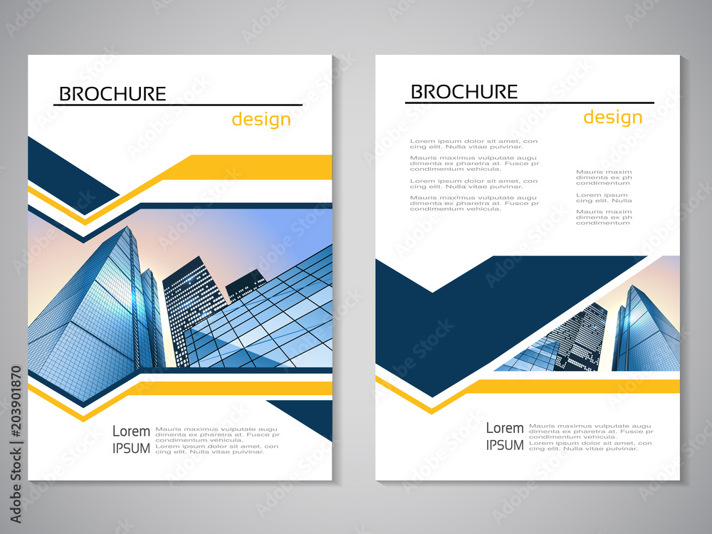 Vector modern brochure, abstract flyer with background of buildings. City scene. Layout template. For A4 size. Poster of blue, yellow and white color. Magazine cover. Vector modern brochure, abstract flyer with background of buildings. City scene. Layout template. For A4 size. Poster of blue, yellow and white color. Magazine cover.