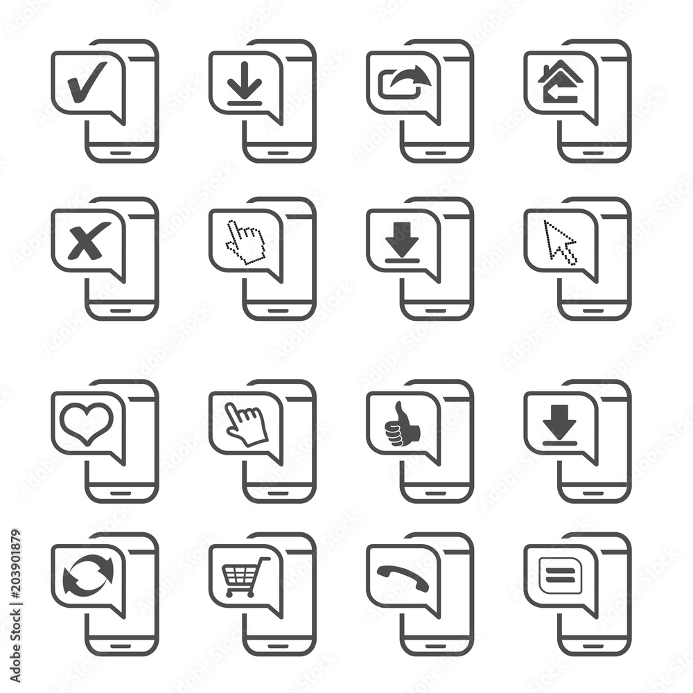 Vector mobile, smartphone. Communication icons of download, share. Line symbols with heart, like gesture, move hand, check mark ok, buy now, like, menu, call, back home, upload, best choice. Vector mobile, smartphone. Communication icons of download, share. Line symbols with heart, like gesture, move hand, check mark ok, buy now, like, menu, call, back home, upload, best choice.