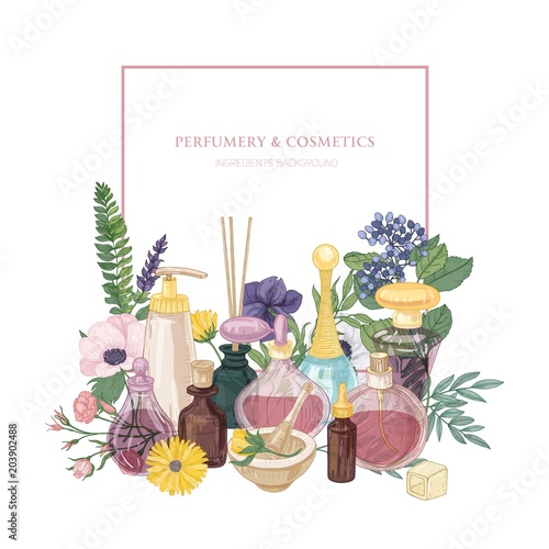 Square frame decorated with perfume or toilet water in glass bottles, beautiful blooming flowers, aromatic incense sticks on white background. Elegant vector illustration for fragrance ad or promo.