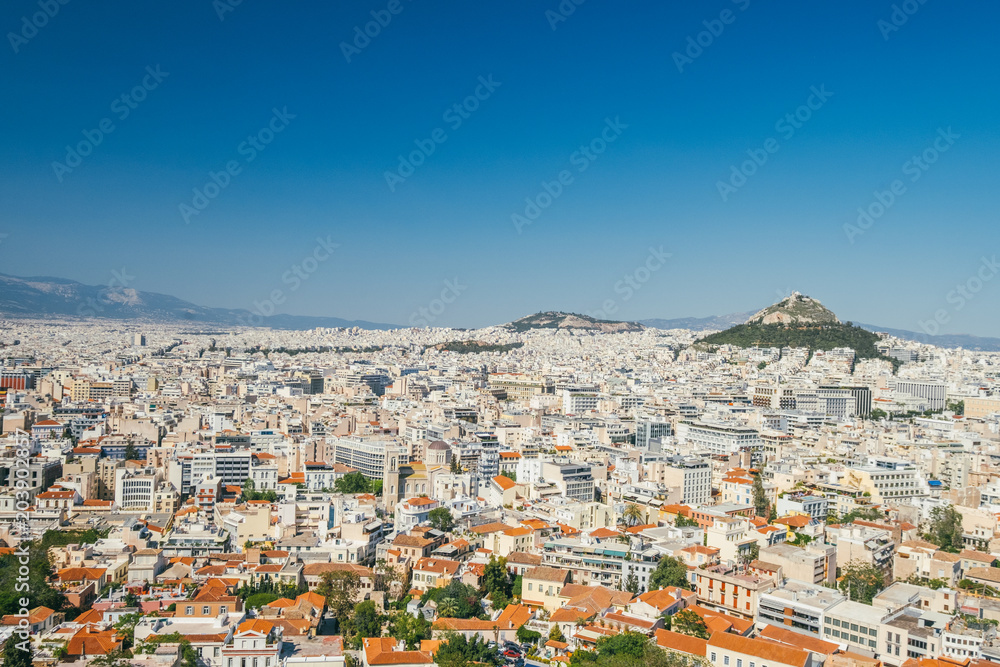 Landscape of Athens vire with the Ortodox  Church of St George and Mount Lycabettus