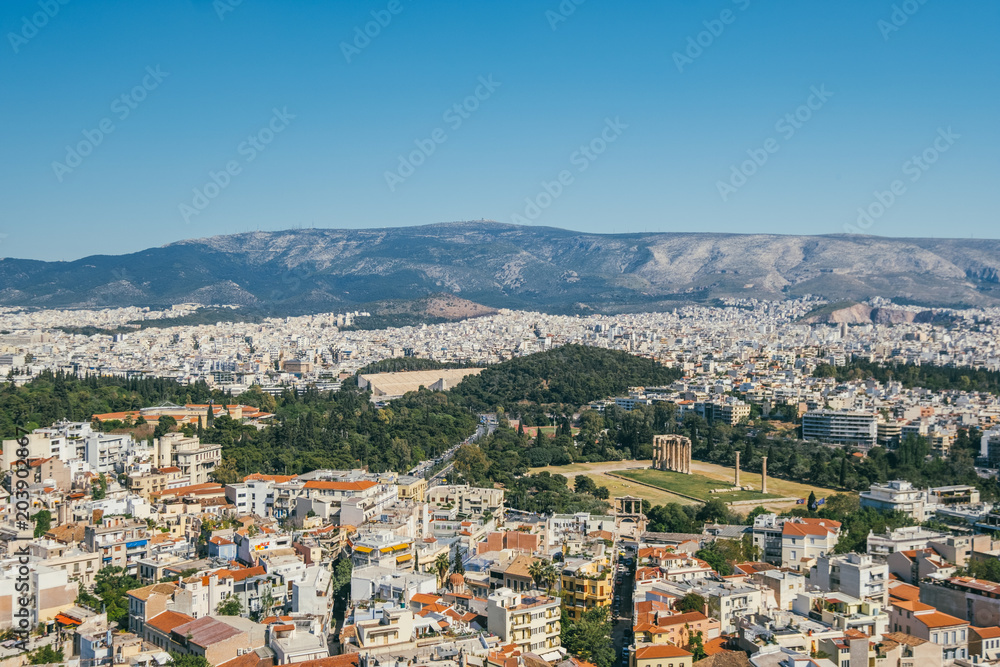 Aerial View of the Temple of Olympic Zeus and the Panathenaic Staidum in Athens, Greece